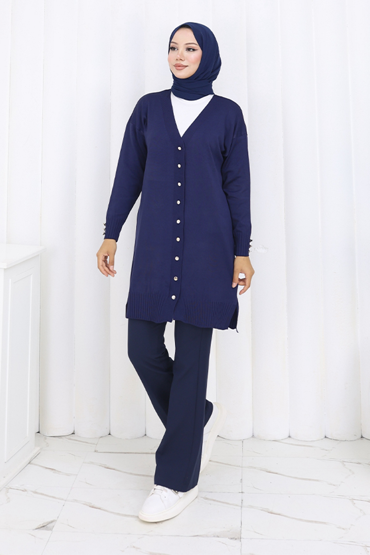 Long Mercerized Cardigan With Buttons
