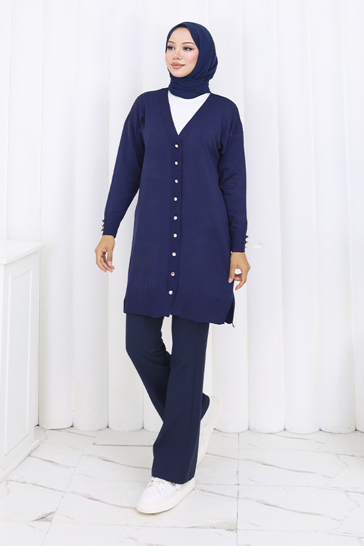 Long Mercerized Cardigan With Buttons