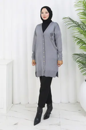 Long Mercerized Cardigan With Collar Detail