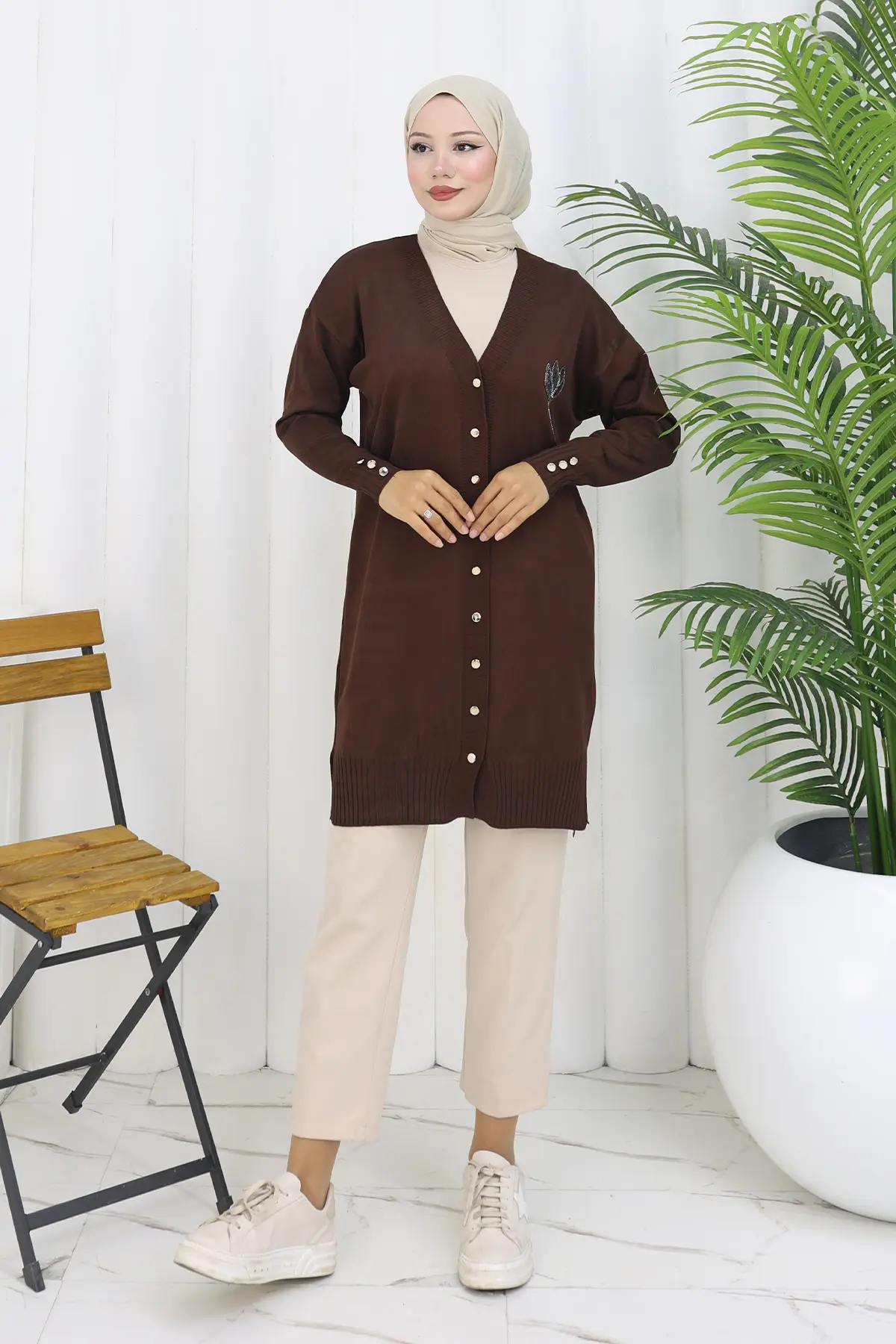 Long Mercerized Cardigan With Collar Detail