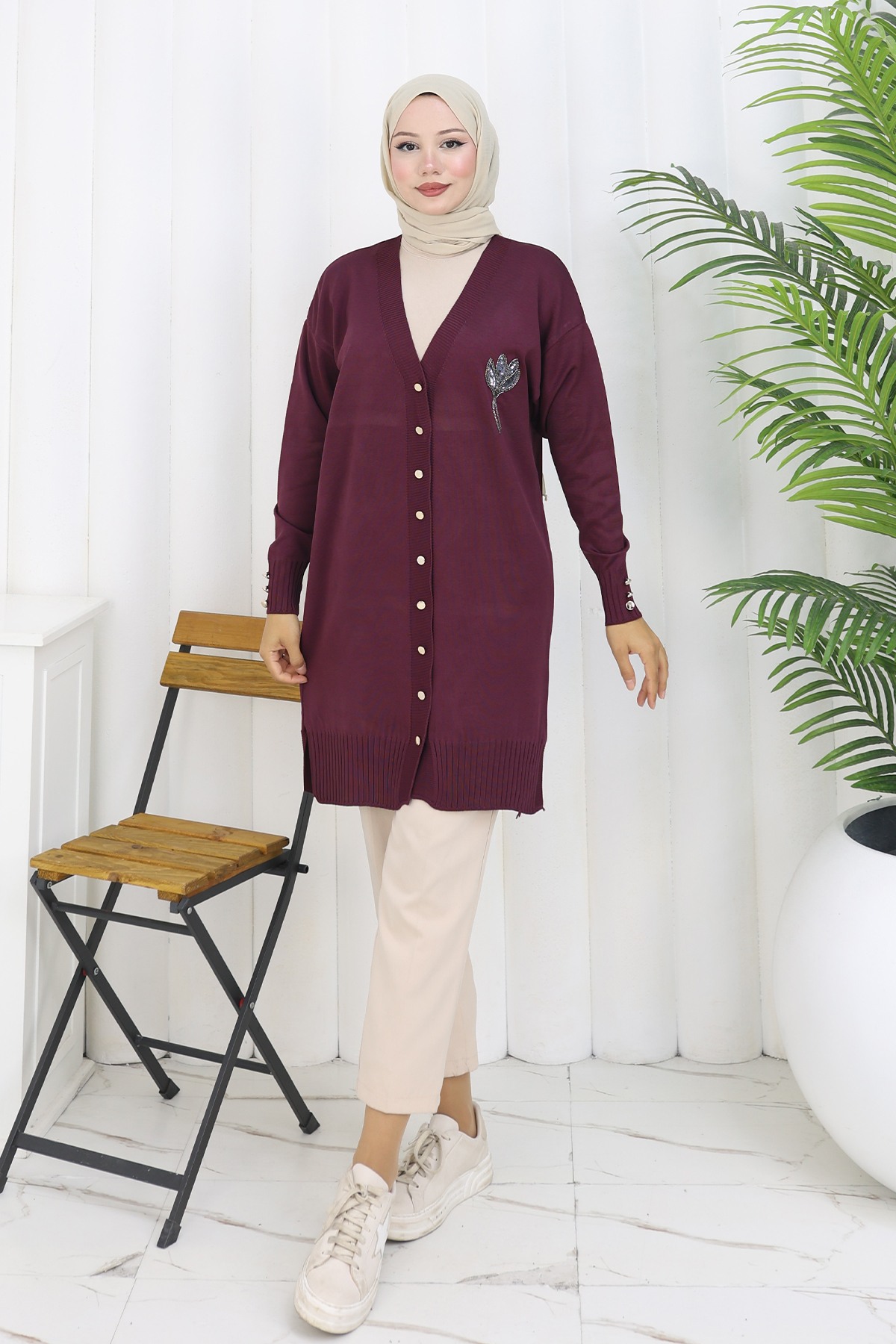 Long Mercerized Cardigan With Collar Detail