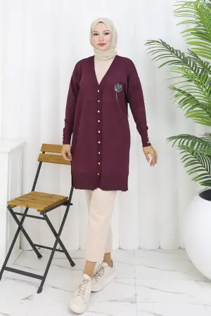 Long Mercerized Cardigan With Collar Detail
