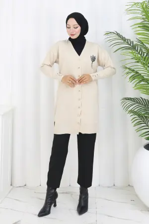 Long Mercerized Cardigan With Collar Detail