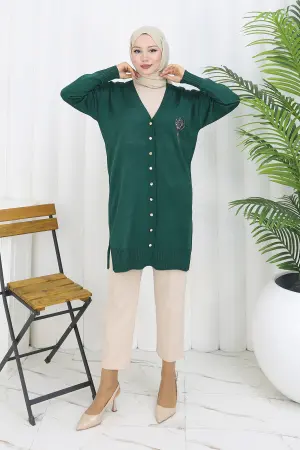 Long Mercerized Cardigan With Collar Detail