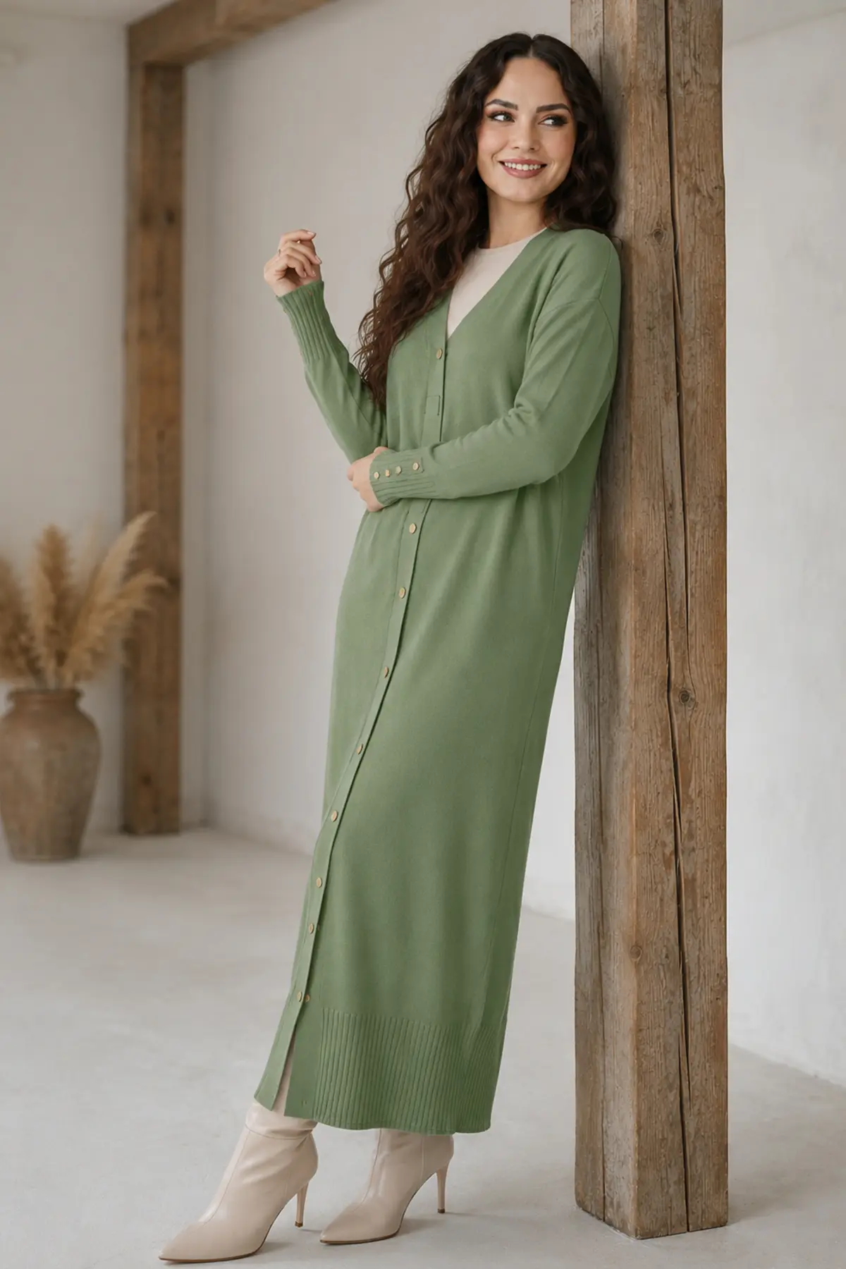 Long Mercerized Knit Cardigan N3250 Almond Green-detail