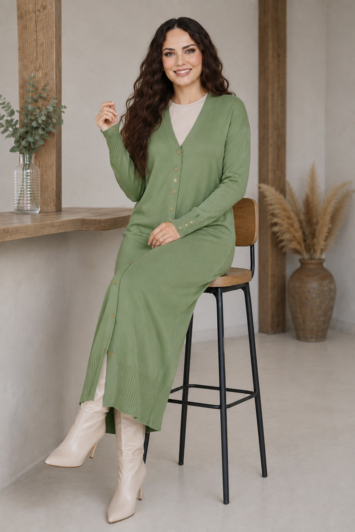 Long Mercerized Knit Cardigan N3250 Almond Green