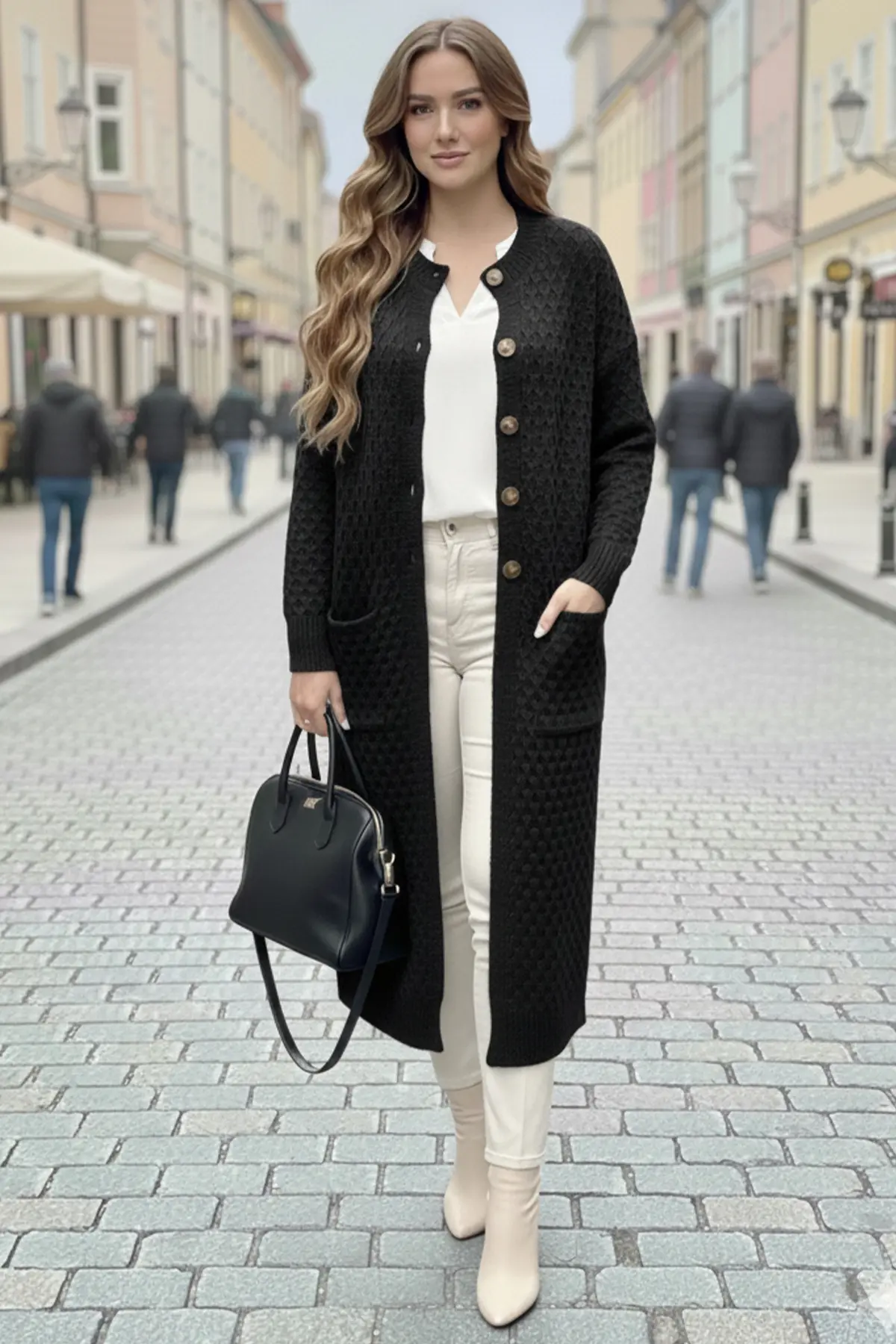 Long Patterned Knitted Cardigan With Pockets