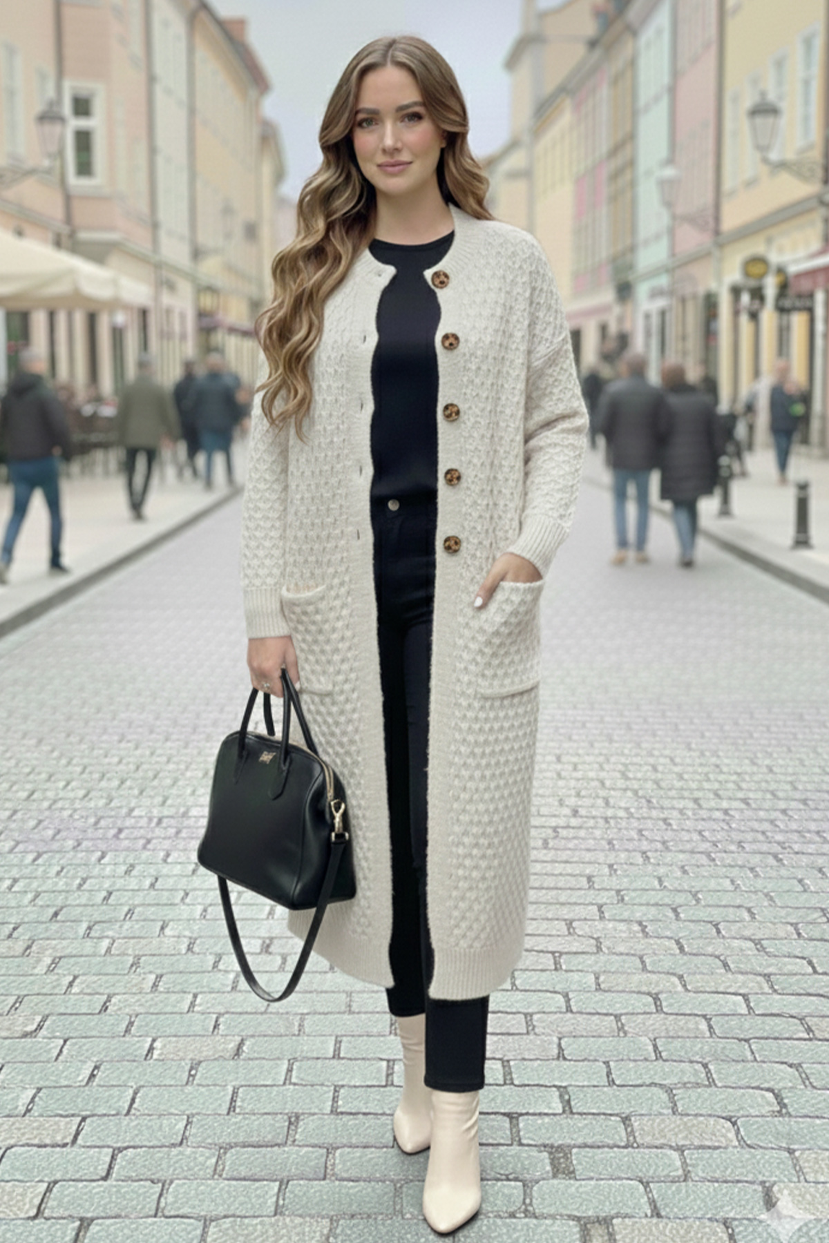 Long Patterned Knitted Cardigan With Pockets