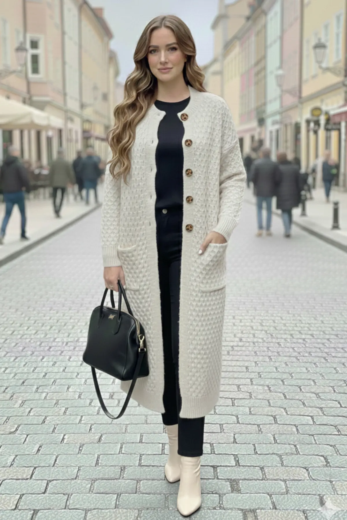 Long Patterned Knitted Cardigan With Pockets