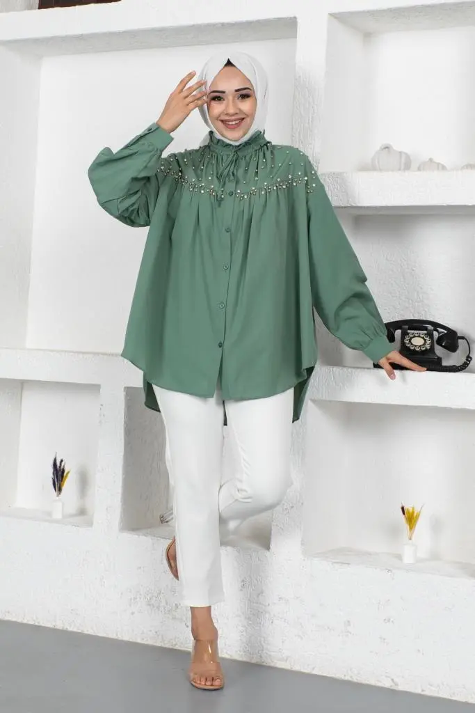 Mint Bead Detailed Hijab Shirt-detail