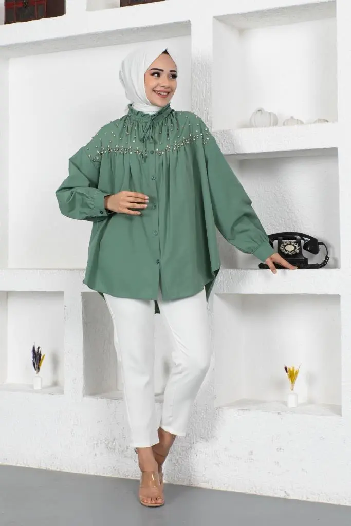 Mint Bead Detailed Hijab Shirt-detail