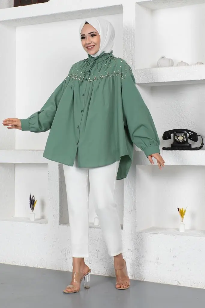 Mint Bead Detailed Hijab Shirt-detail
