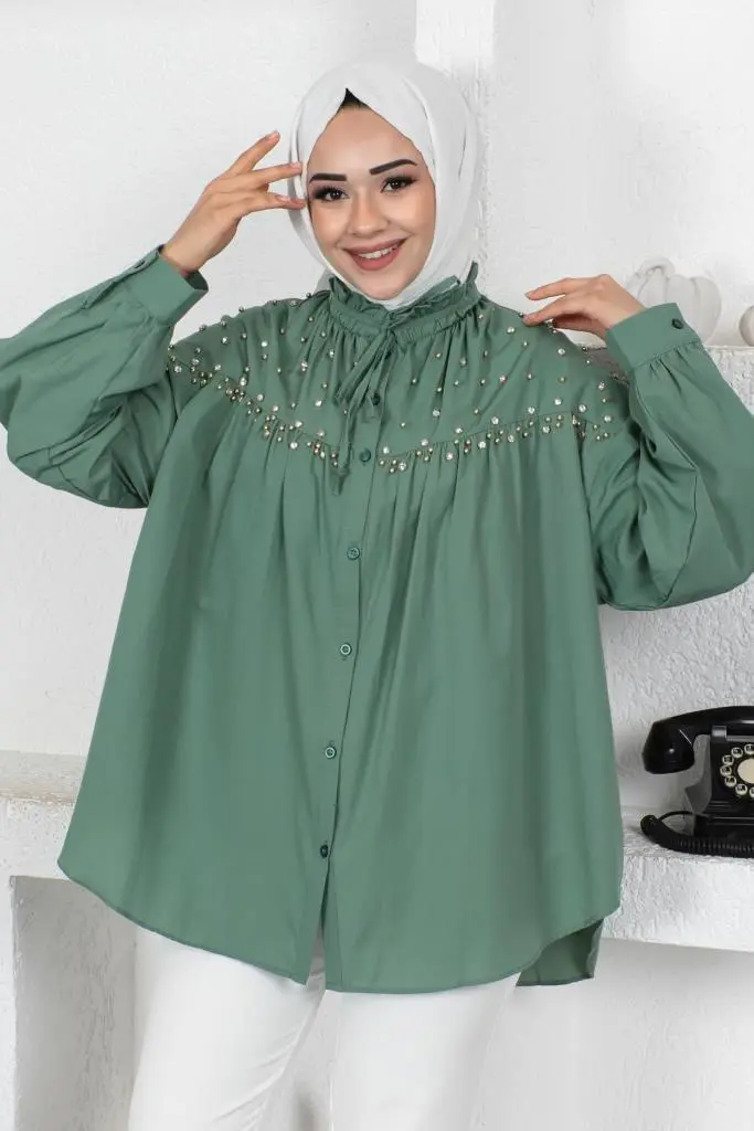 Mint Bead Detailed Hijab Shirt-detail