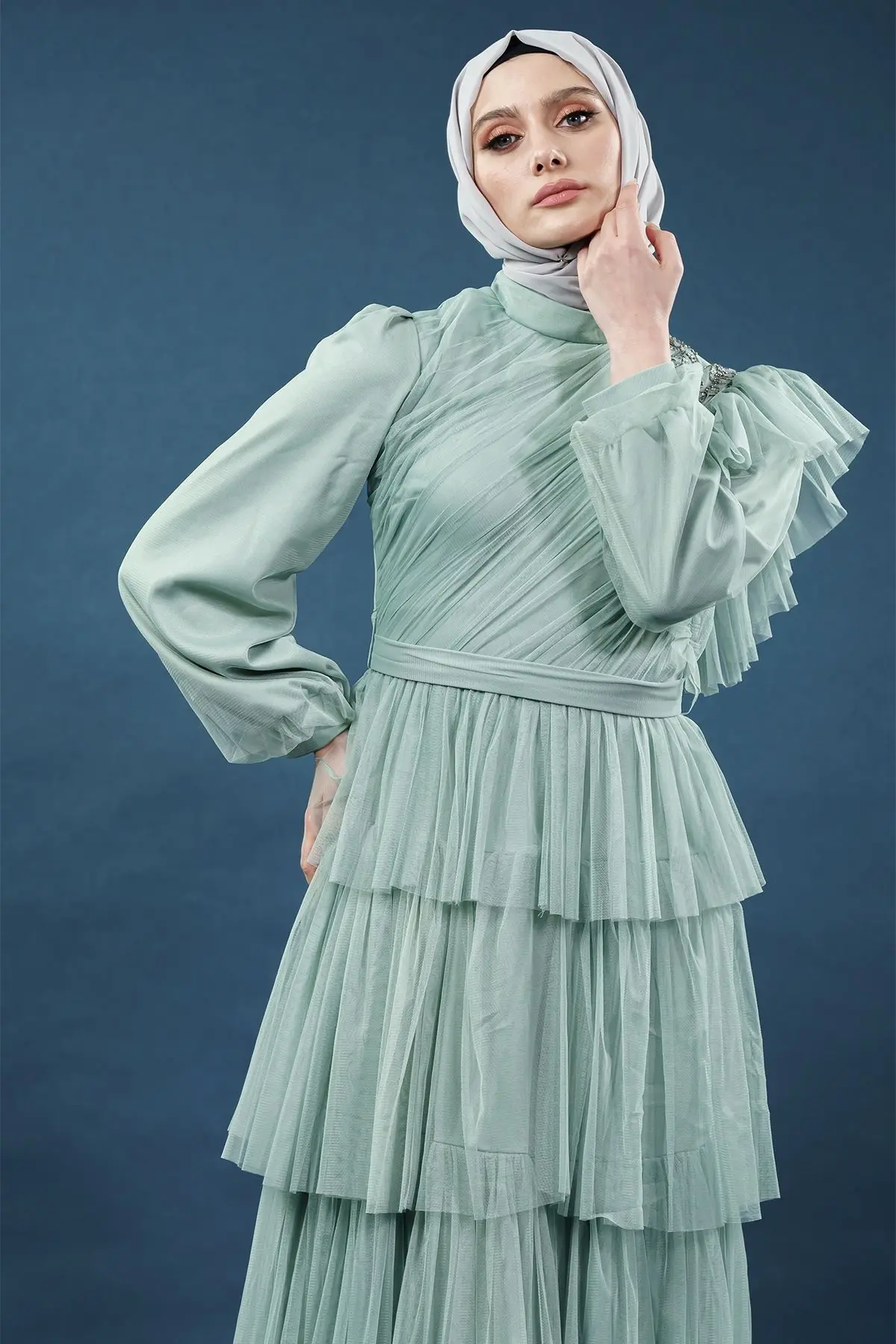 Mint Color Evening Dress-detail