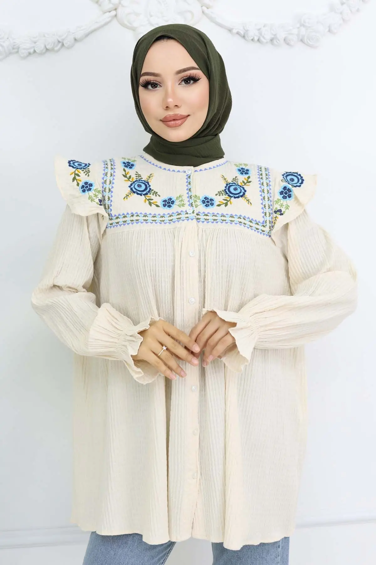 Nakış Detaylı Gömlek Krem 2201-detail