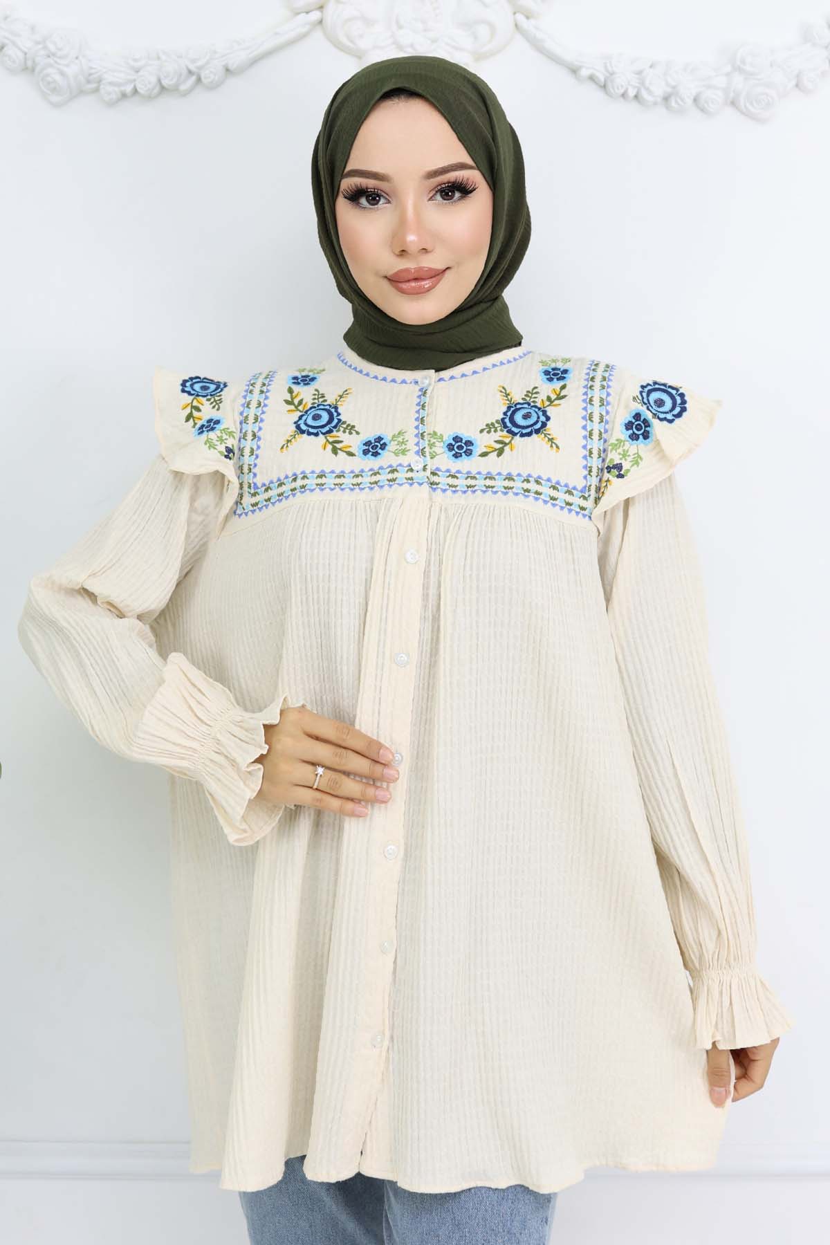 Nakış Detaylı Gömlek Krem 2201