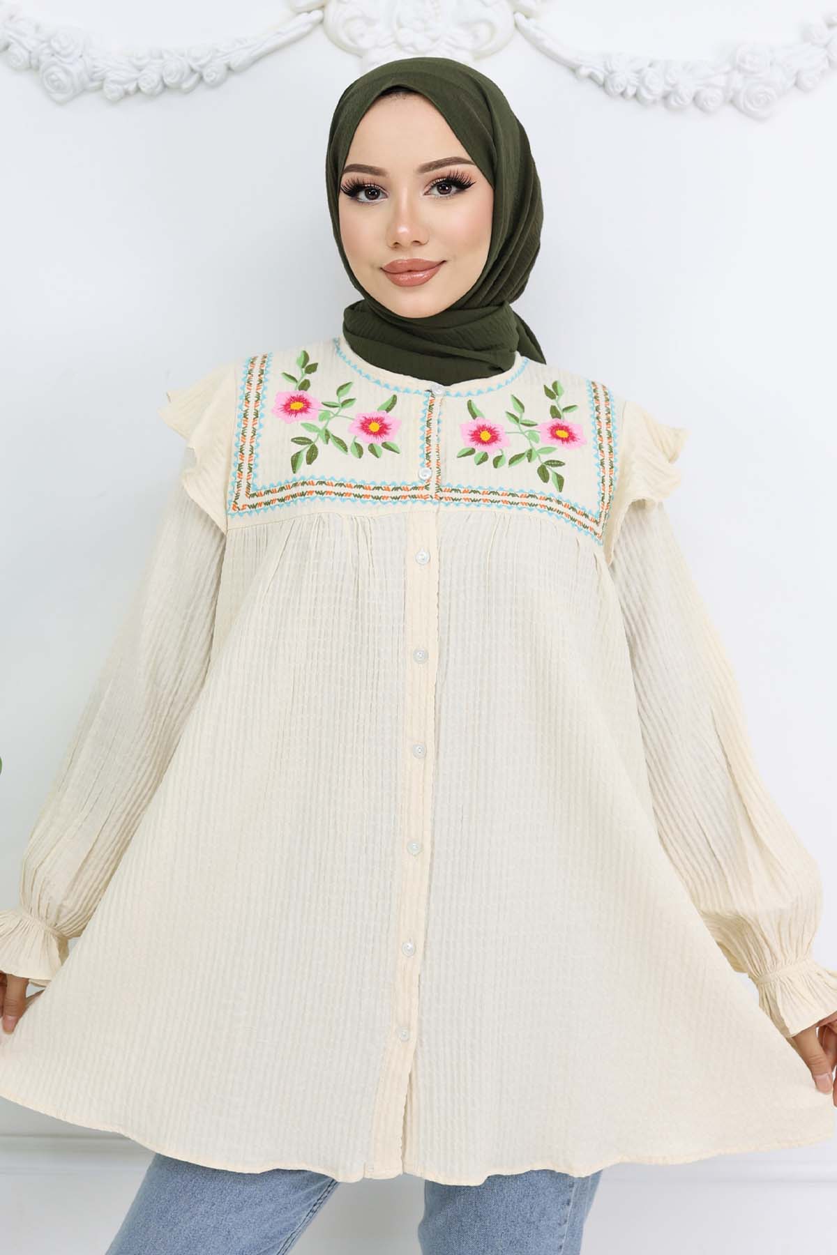 Nakış Detaylı Gömlek Krem 2269