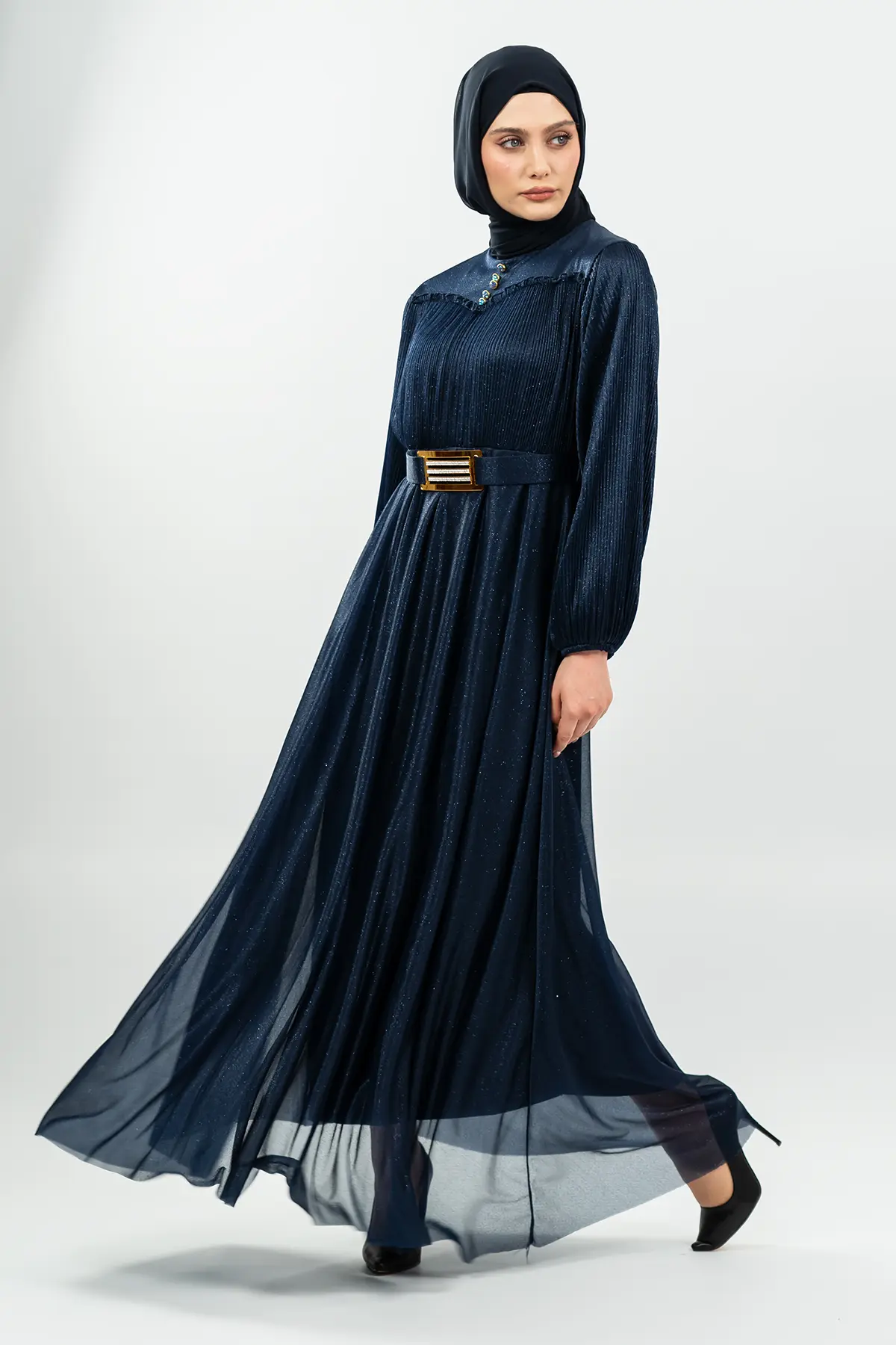 Navy Blue Glittery Evening Dress-detail