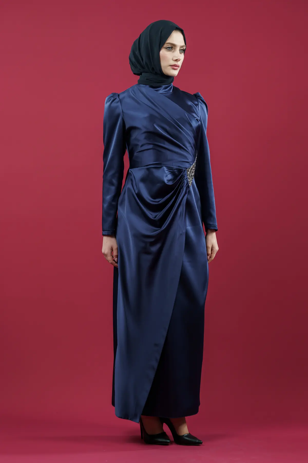 Navy Blue Satin Evening Dress-detail