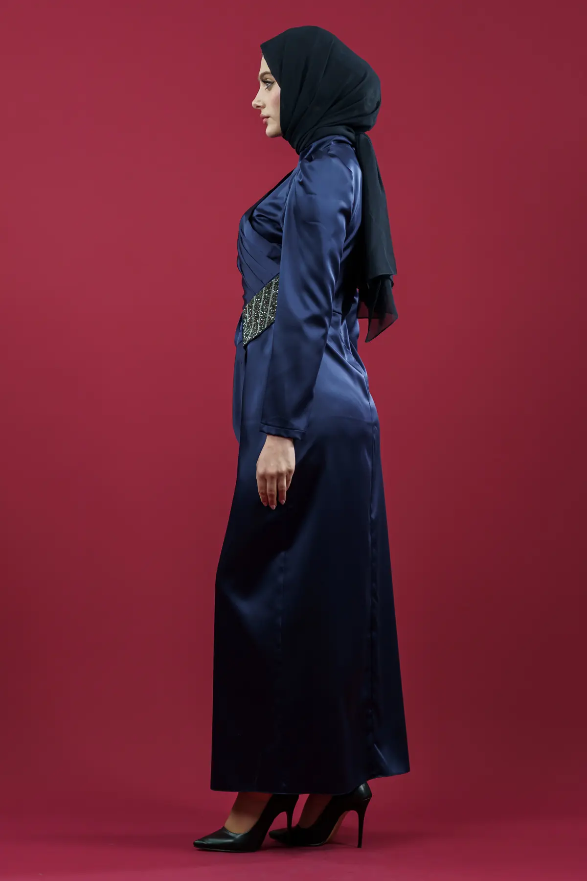 Navy Blue Satin Evening Dress-detail