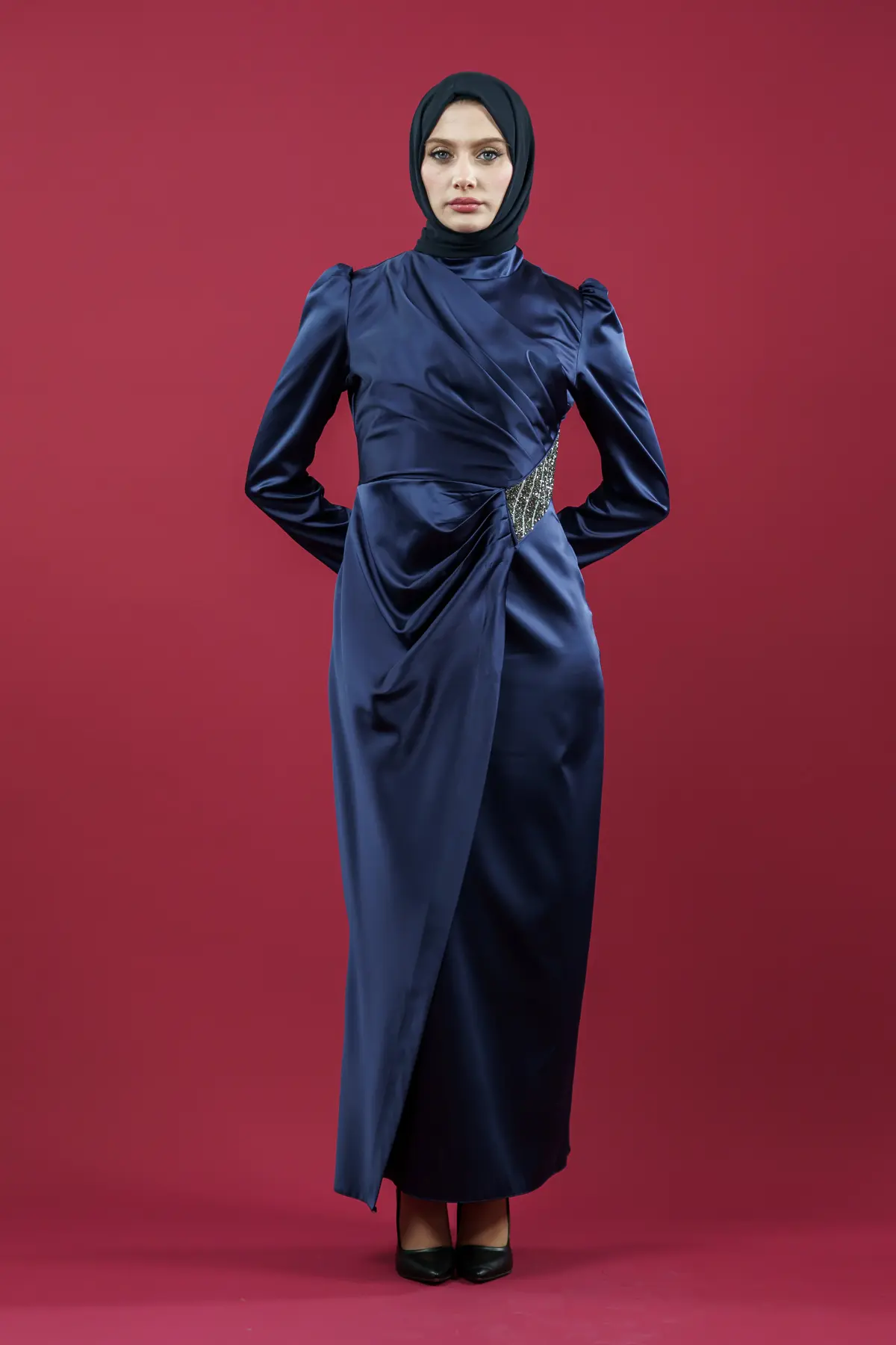 Navy Blue Satin Evening Dress-detail