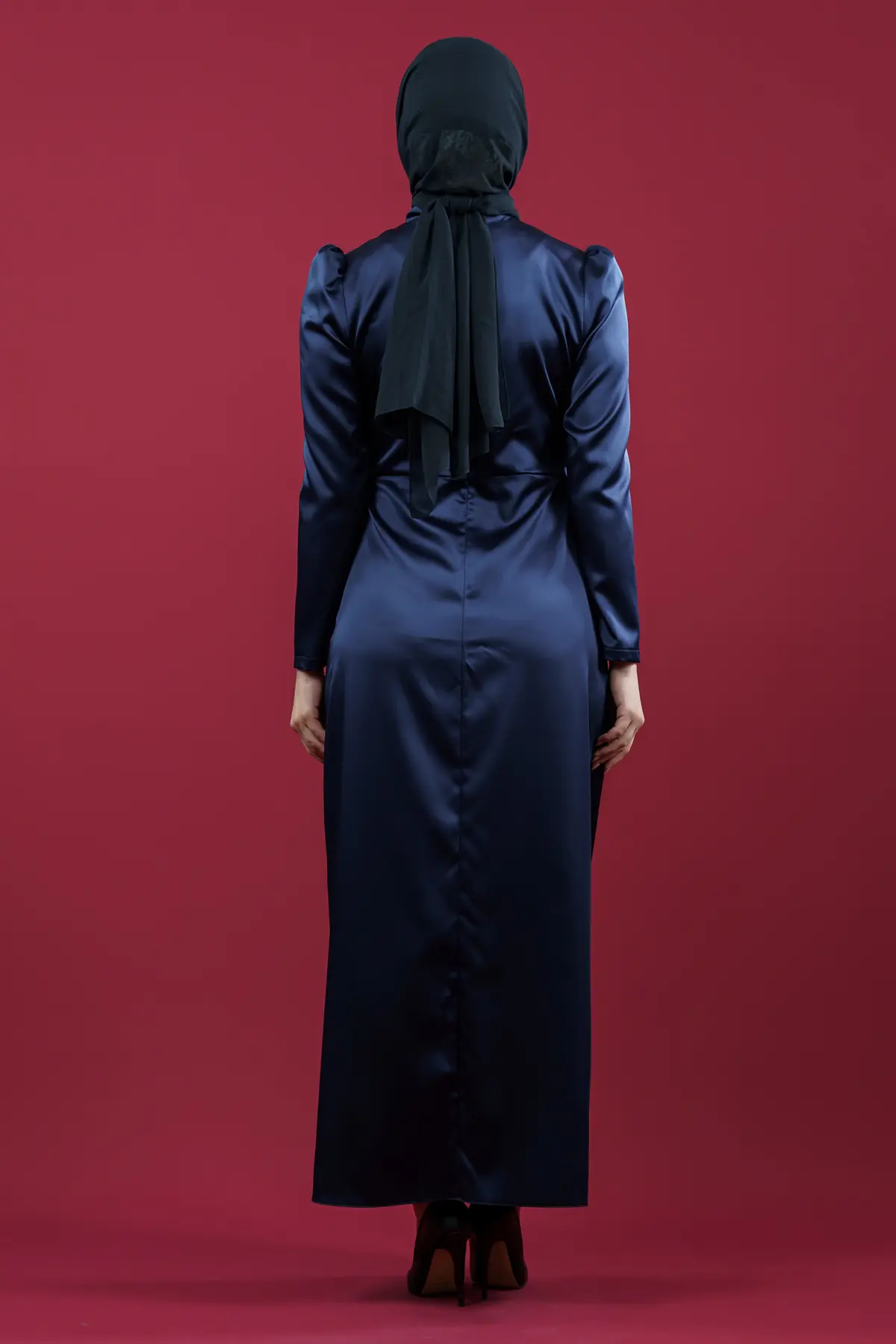 Navy Blue Satin Evening Dress-detail