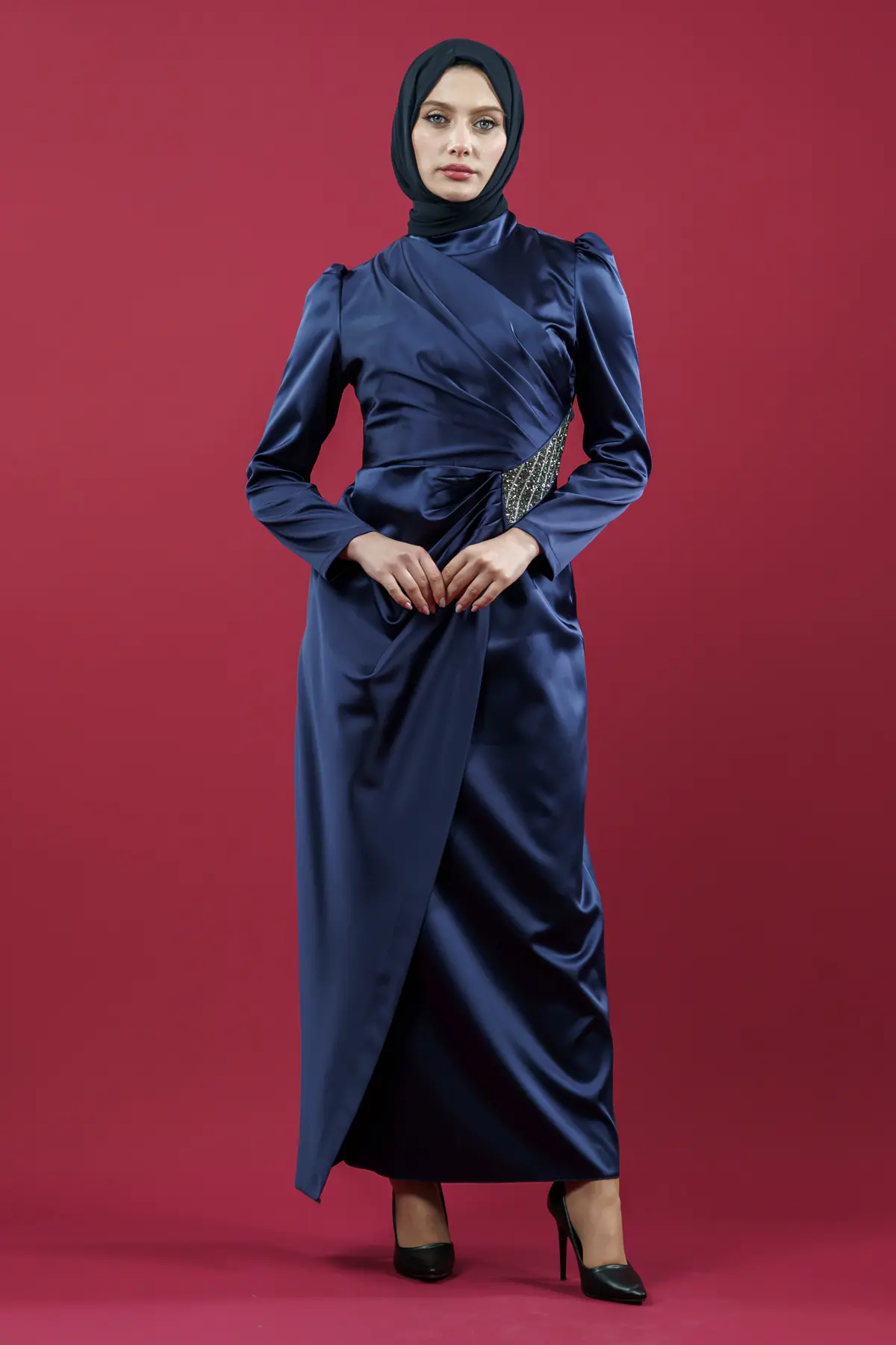 Navy Blue Satin Evening Dress-detail