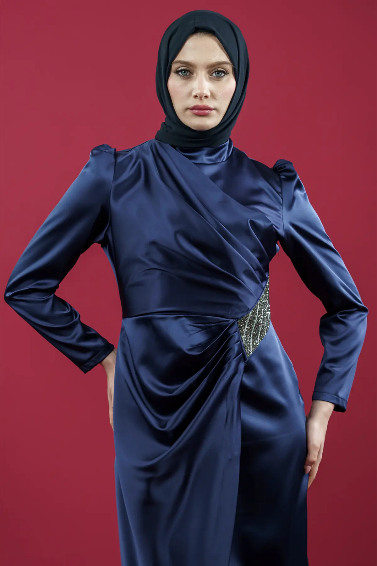 Navy Blue Satin Evening Dress-detail