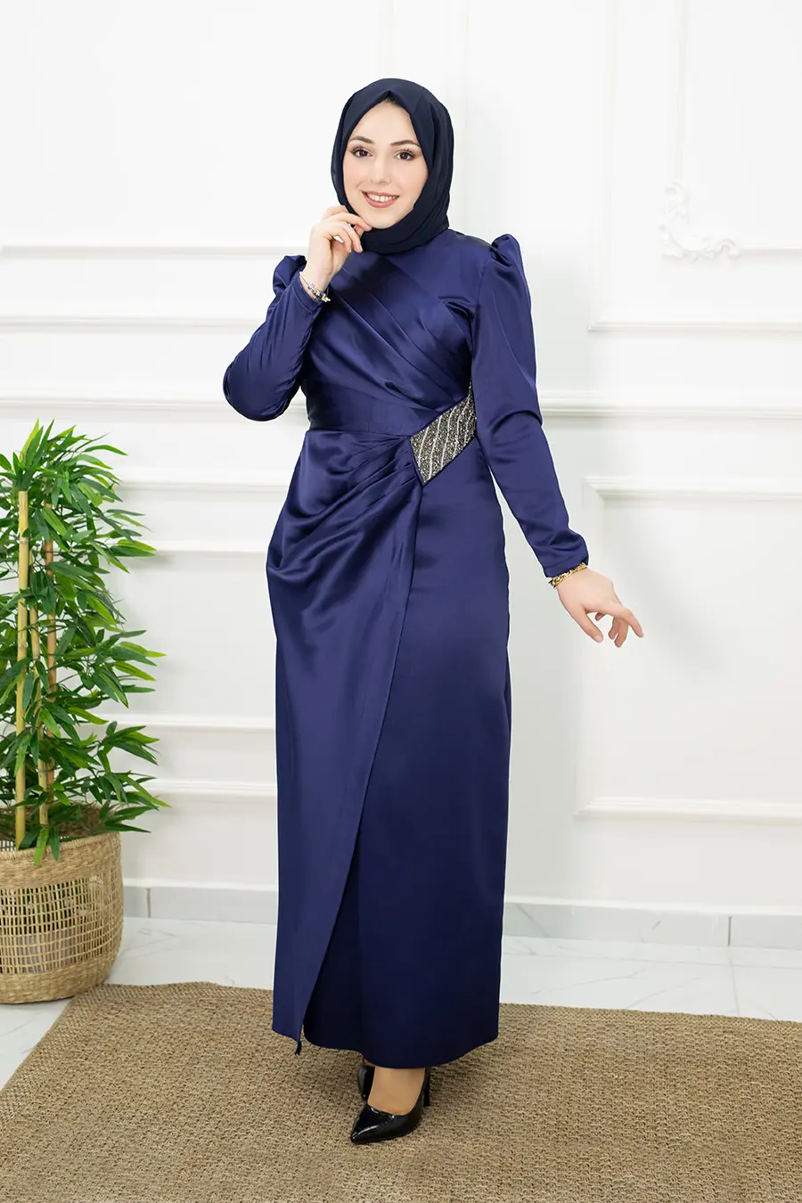 Navy Blue Satin Evening Dress