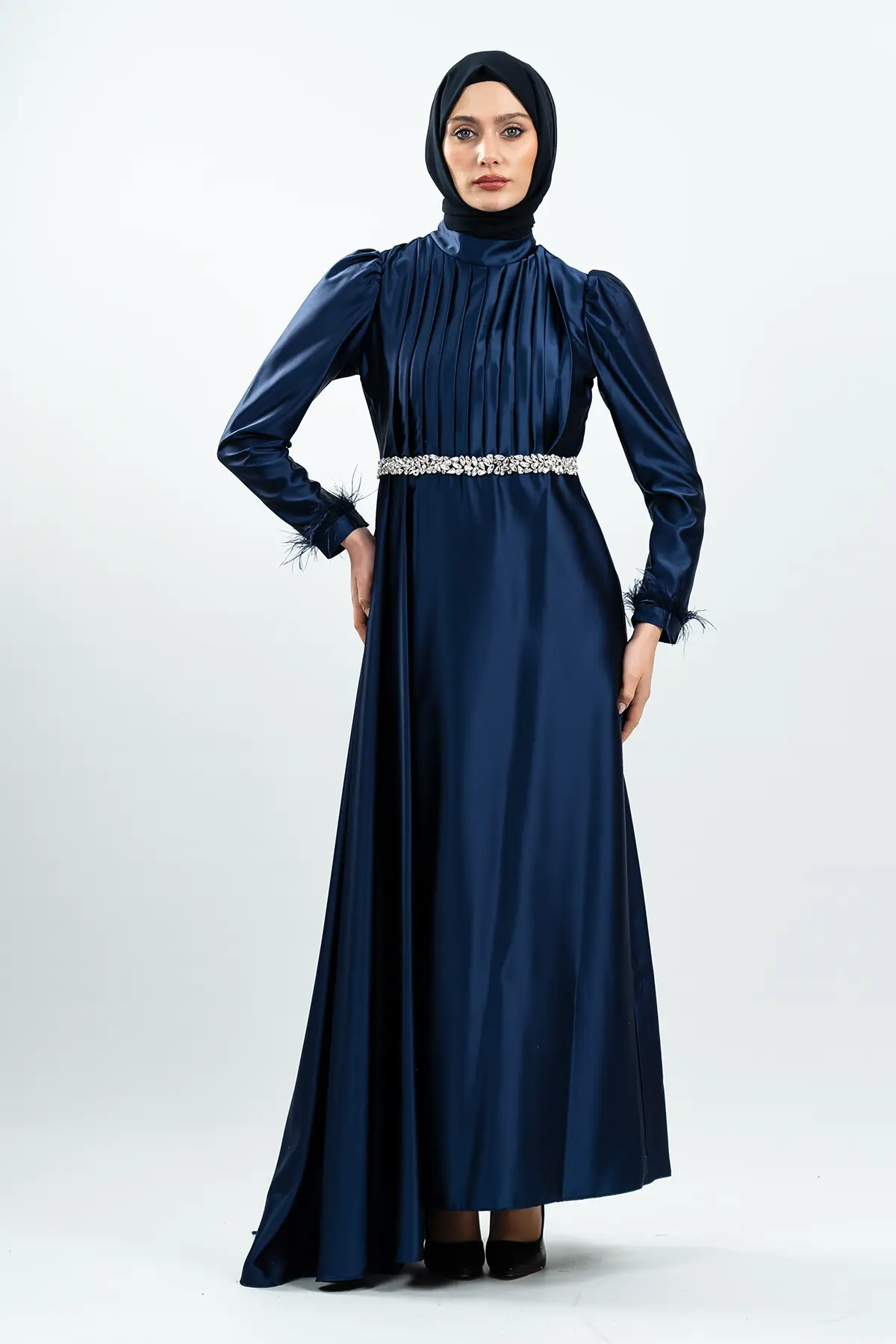 Navy Blue Satin Evening Dress-detail
