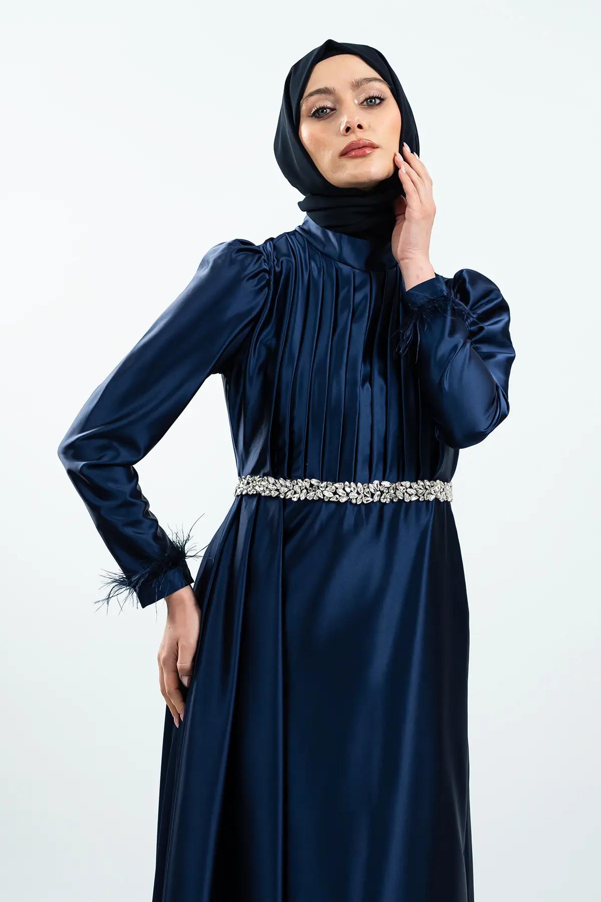 Navy Blue Satin Evening Dress-detail