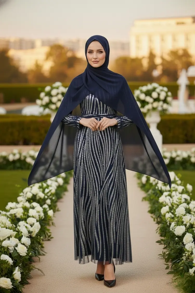 Navy Blue Silvery Evening Dress-detail