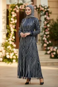 Navy Blue Silvery Evening Dress