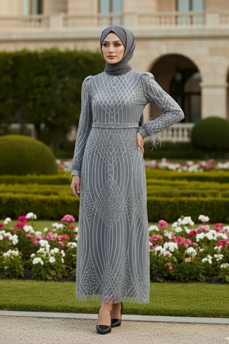 Navy Blue Silvery Evening Dress-detail