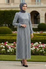 Navy Blue Silvery Evening Dress