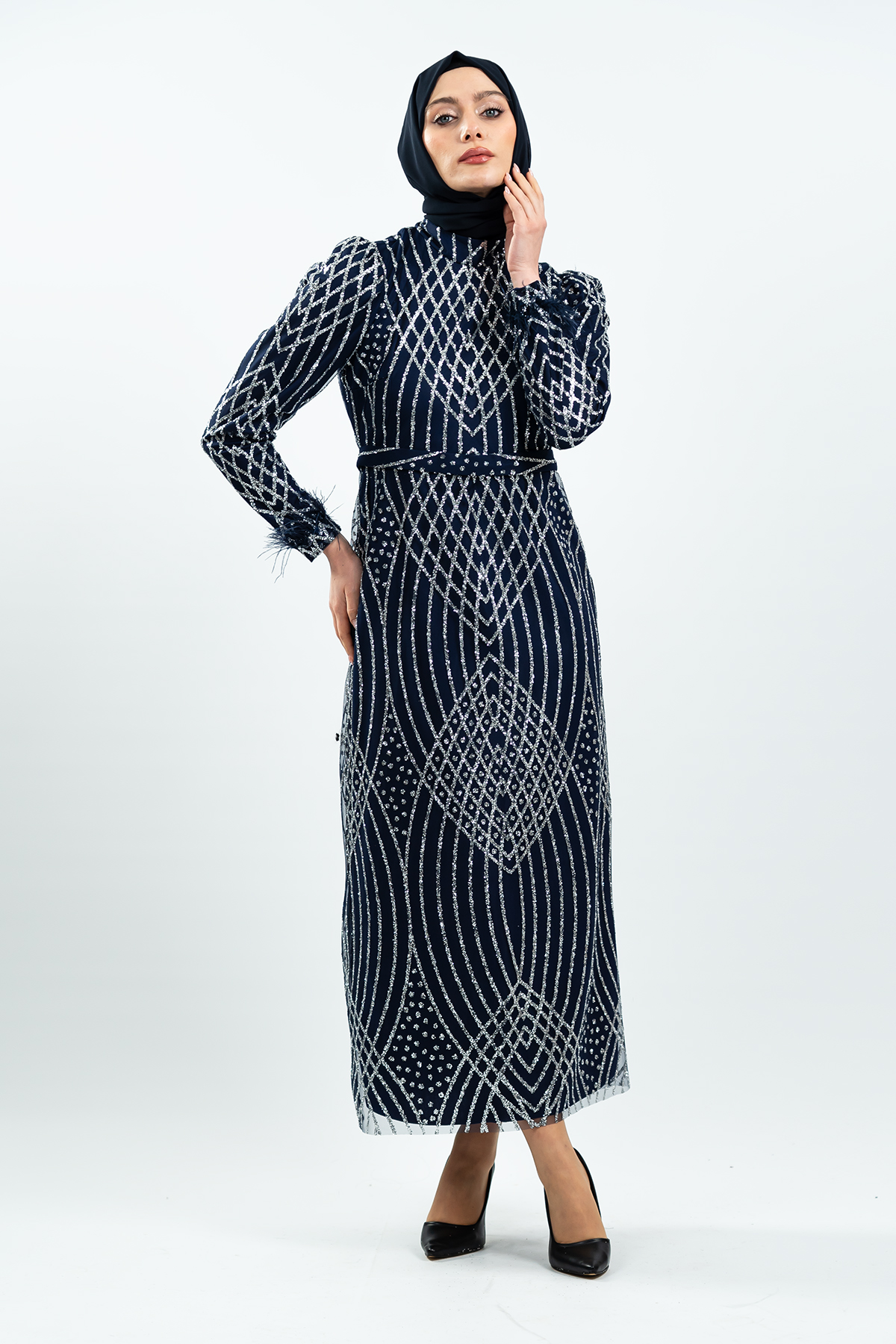 Navy Blue Silvery Evening Dress