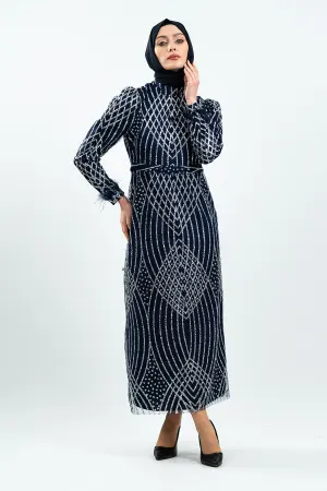 Navy Blue Silvery Evening Dress