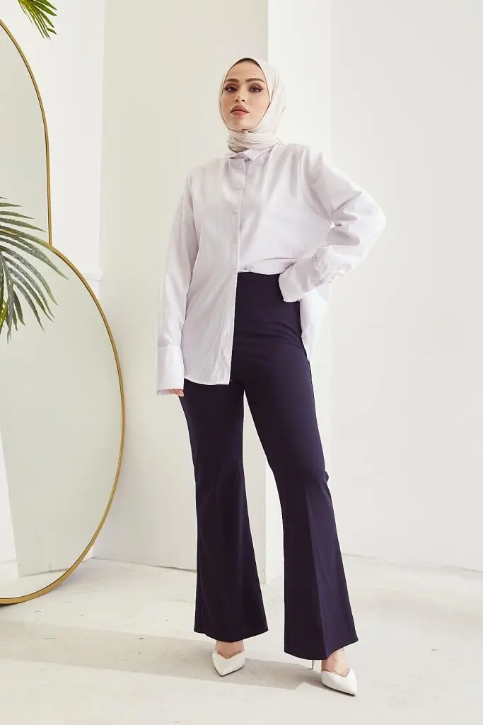 Navy Blue Spanish Cuffed Fabric Trousers-detail