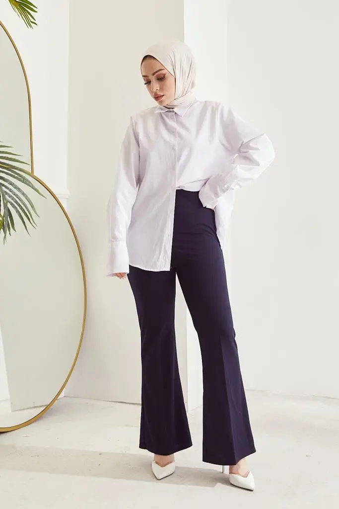 Navy Blue Spanish Cuffed Fabric Trousers-detail