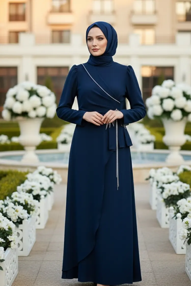 Navy Blue Stone Detailed Evening Dress-detail