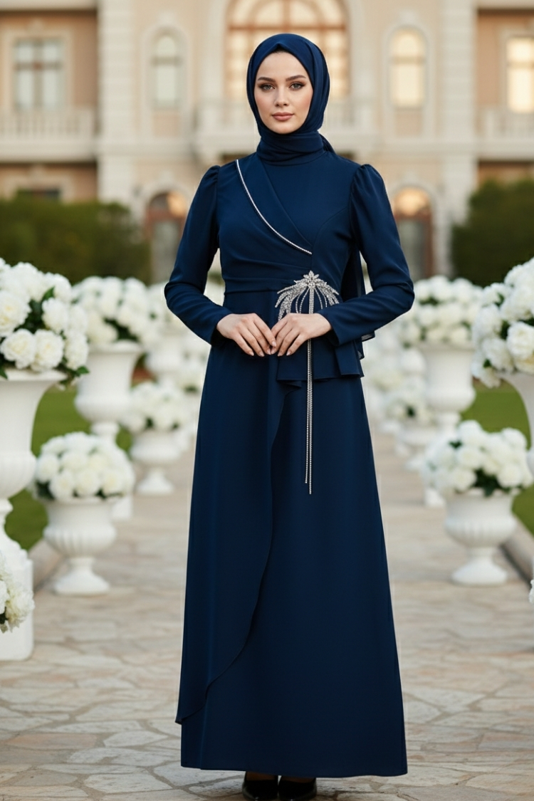 Navy Blue Stone Detailed Evening Dress