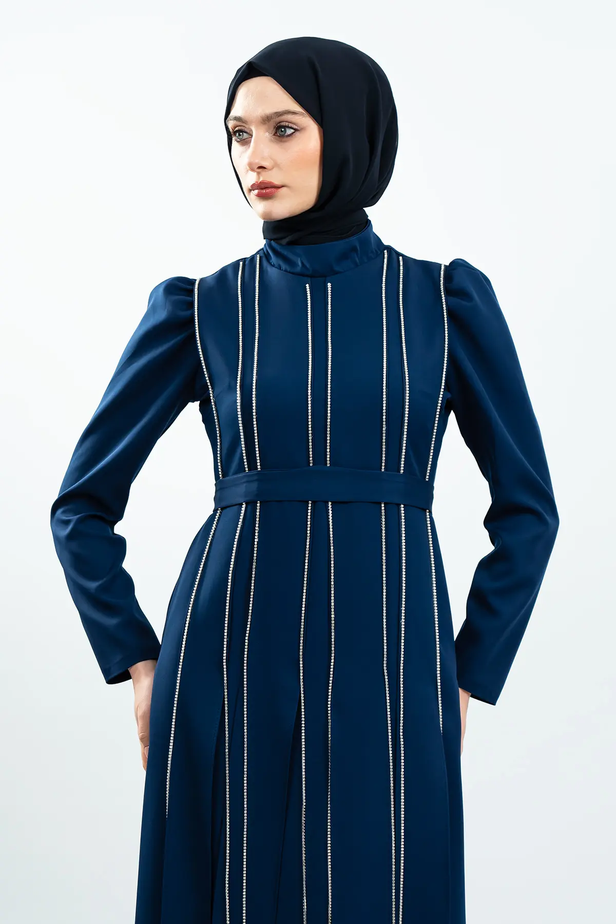 Navy Blue Stone Detailed Evening Dress-detail