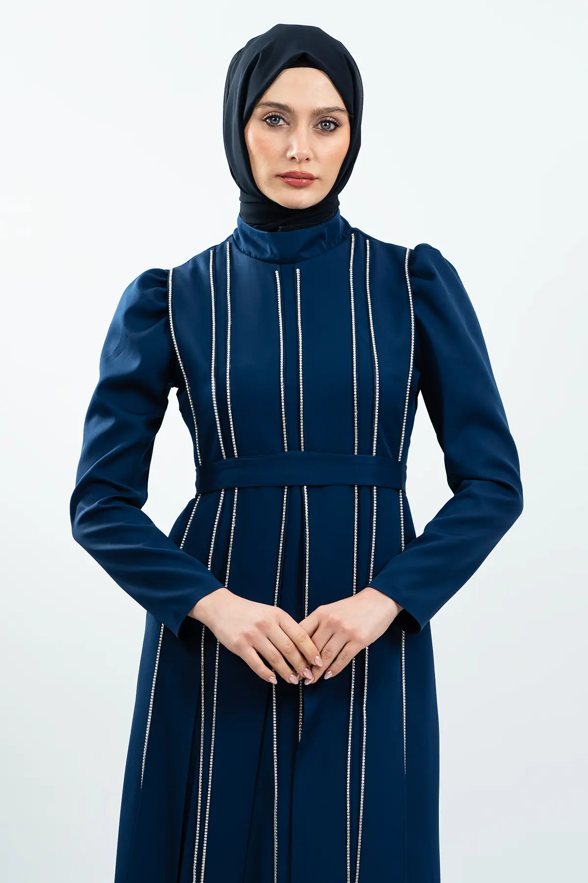 Navy Blue Stone Detailed Evening Dress-detail