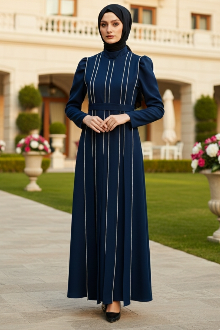 Navy Blue Stone Detailed Evening Dress