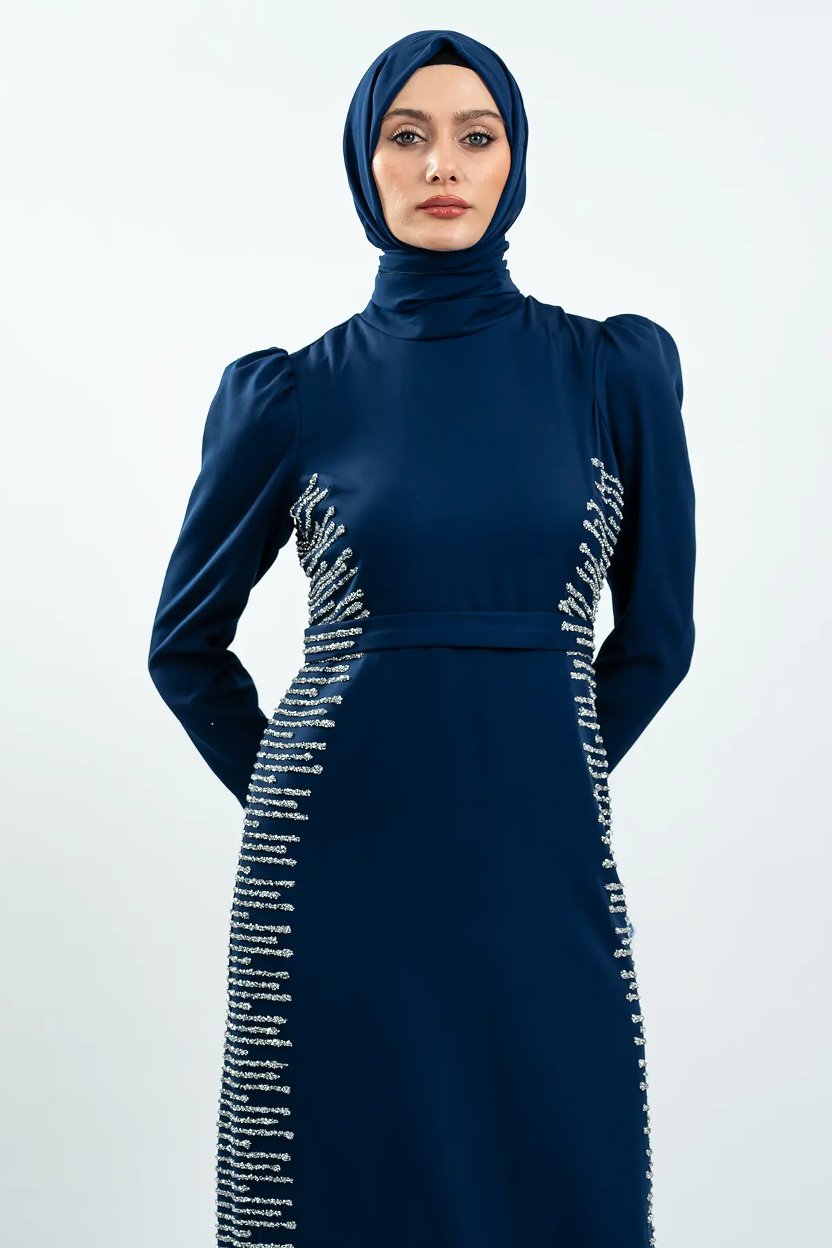 Navy Blue Stone Detailed Evening Dress-detail