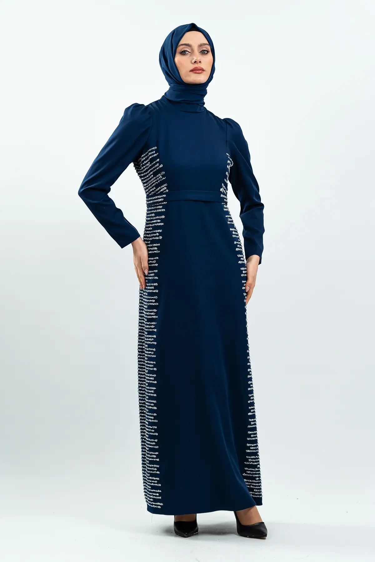 Navy Blue Stone Detailed Evening Dress-detail