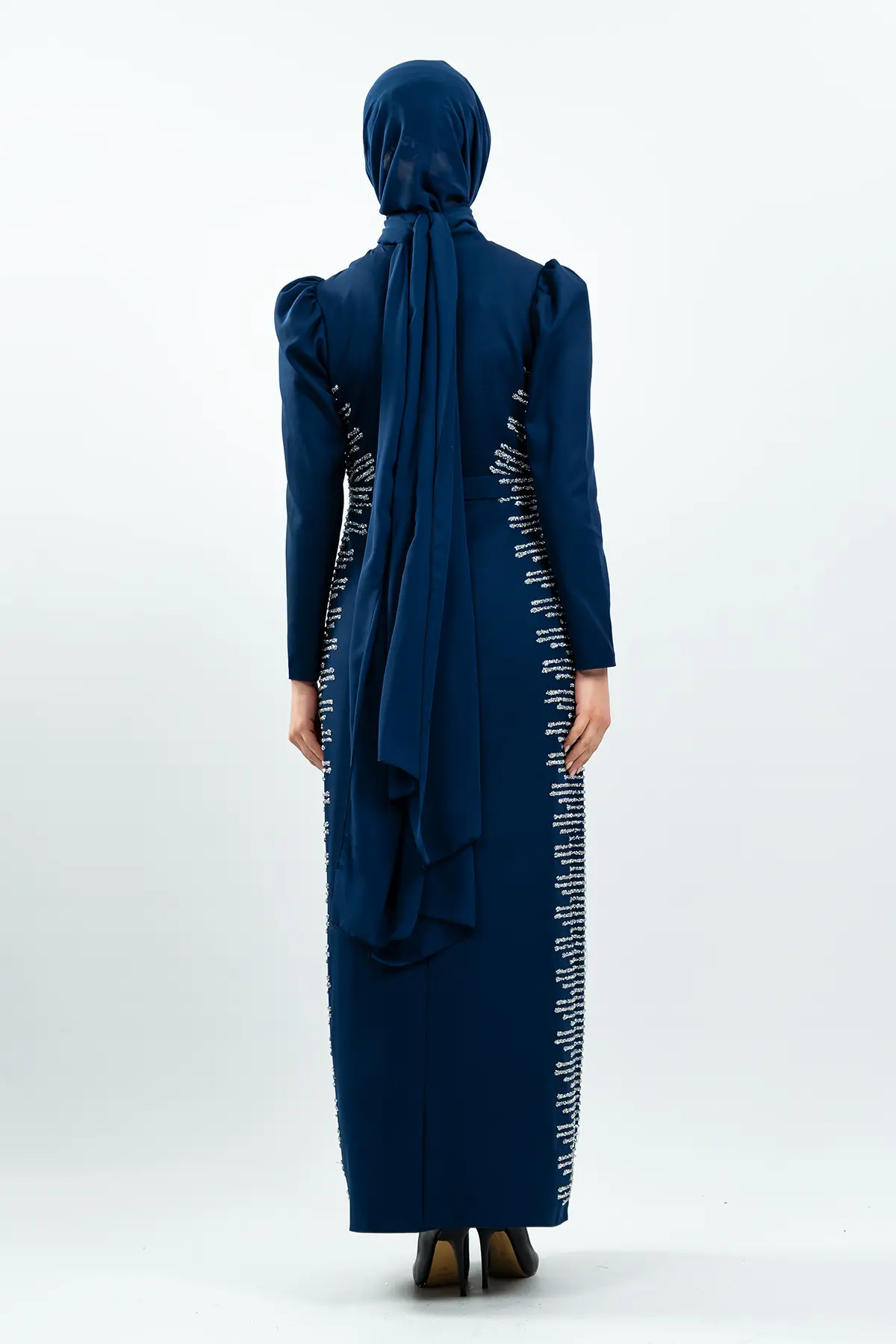 Navy Blue Stone Detailed Evening Dress-detail