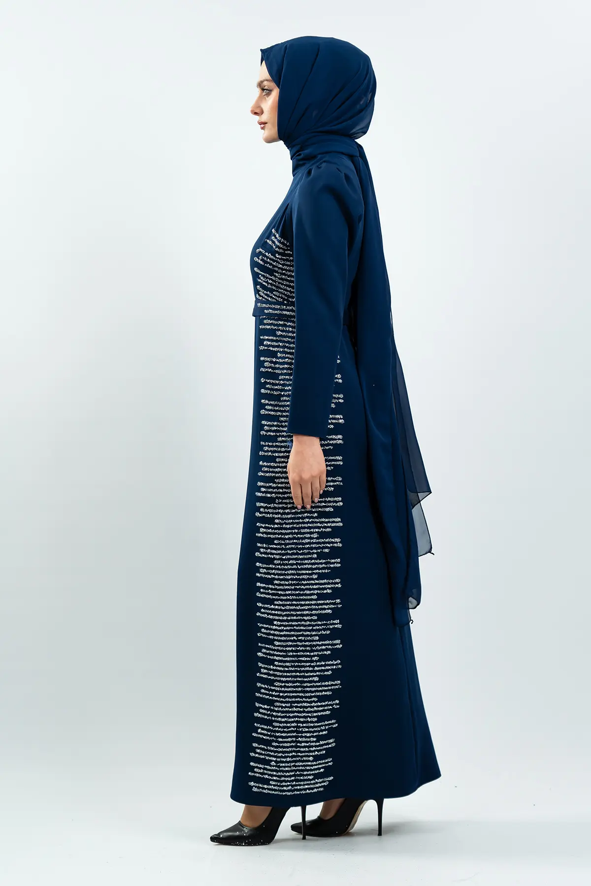 Navy Blue Stone Detailed Evening Dress-detail