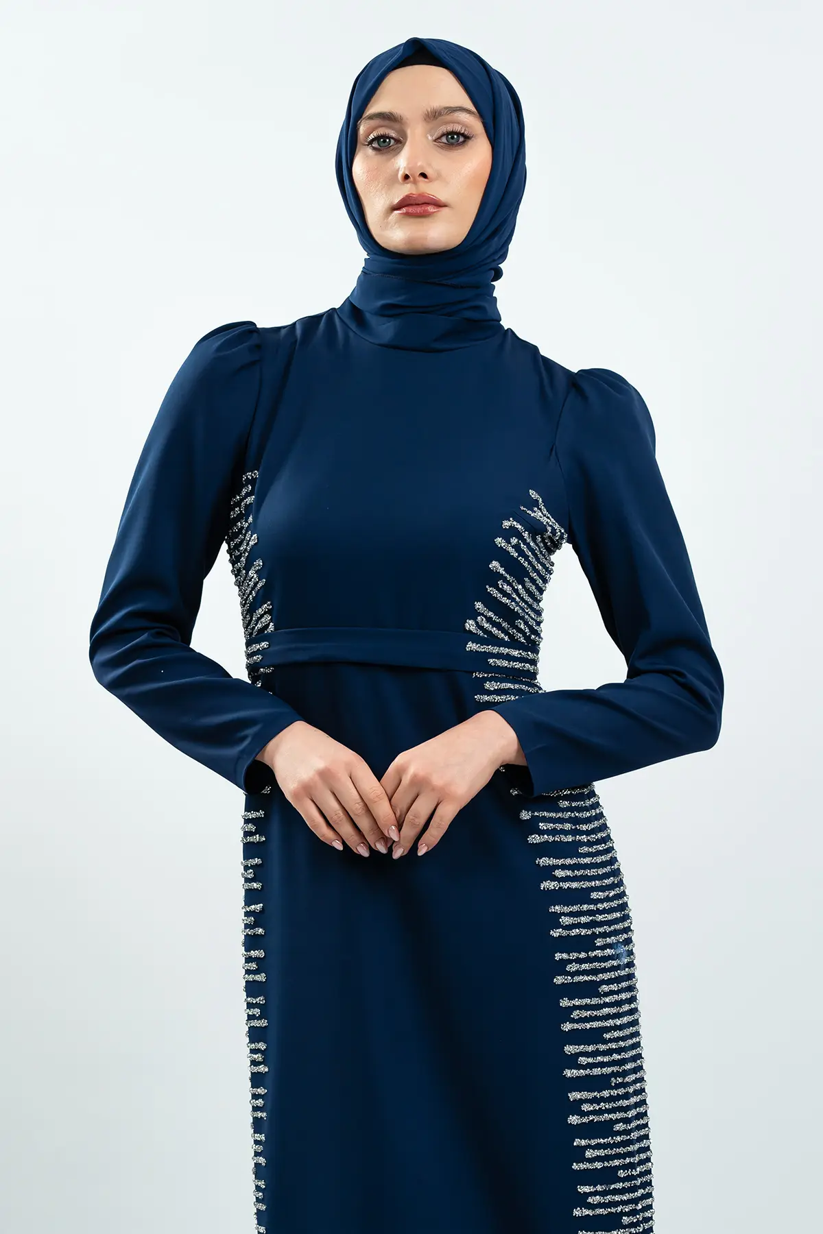 Navy Blue Stone Detailed Evening Dress-detail