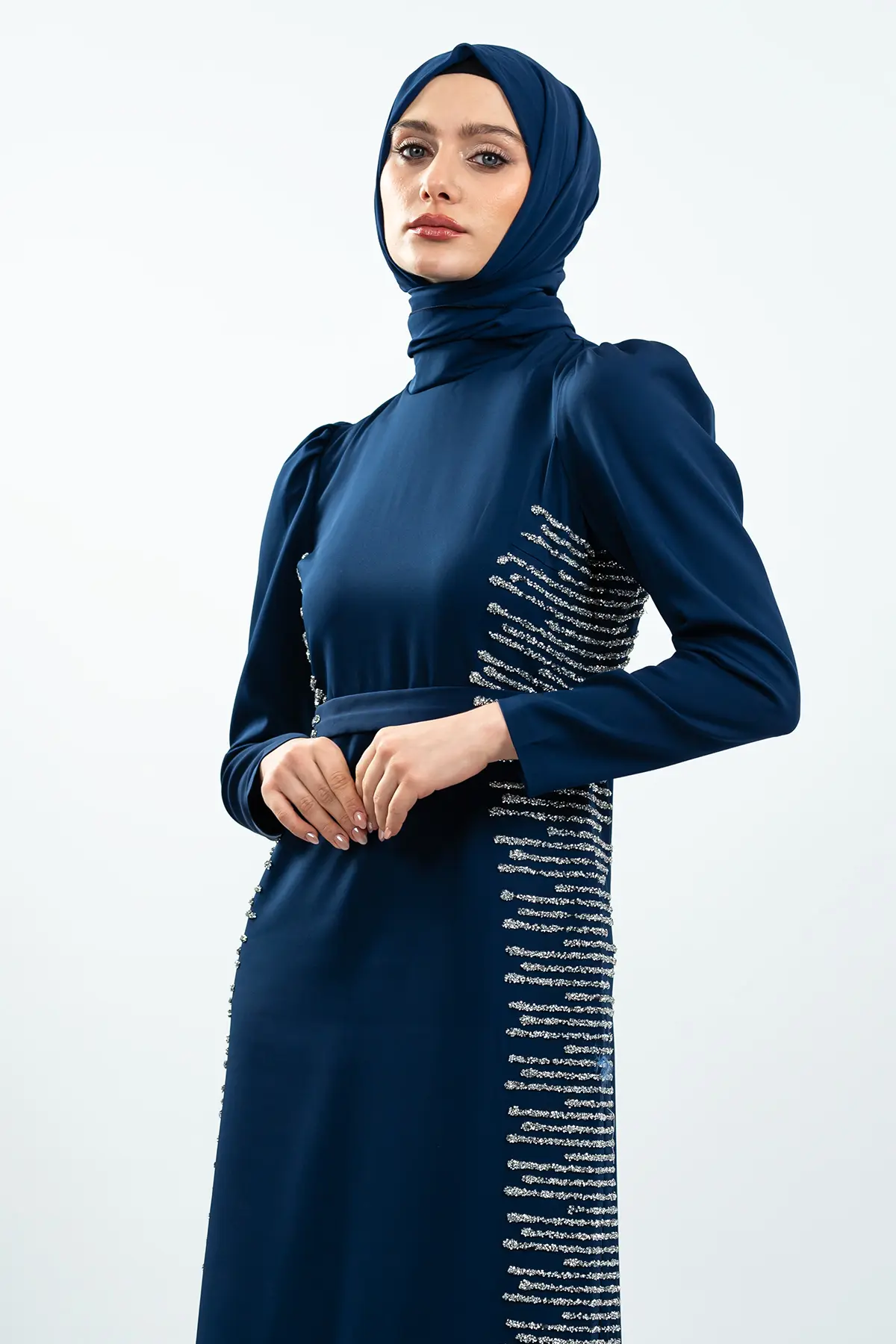 Navy Blue Stone Detailed Evening Dress-detail